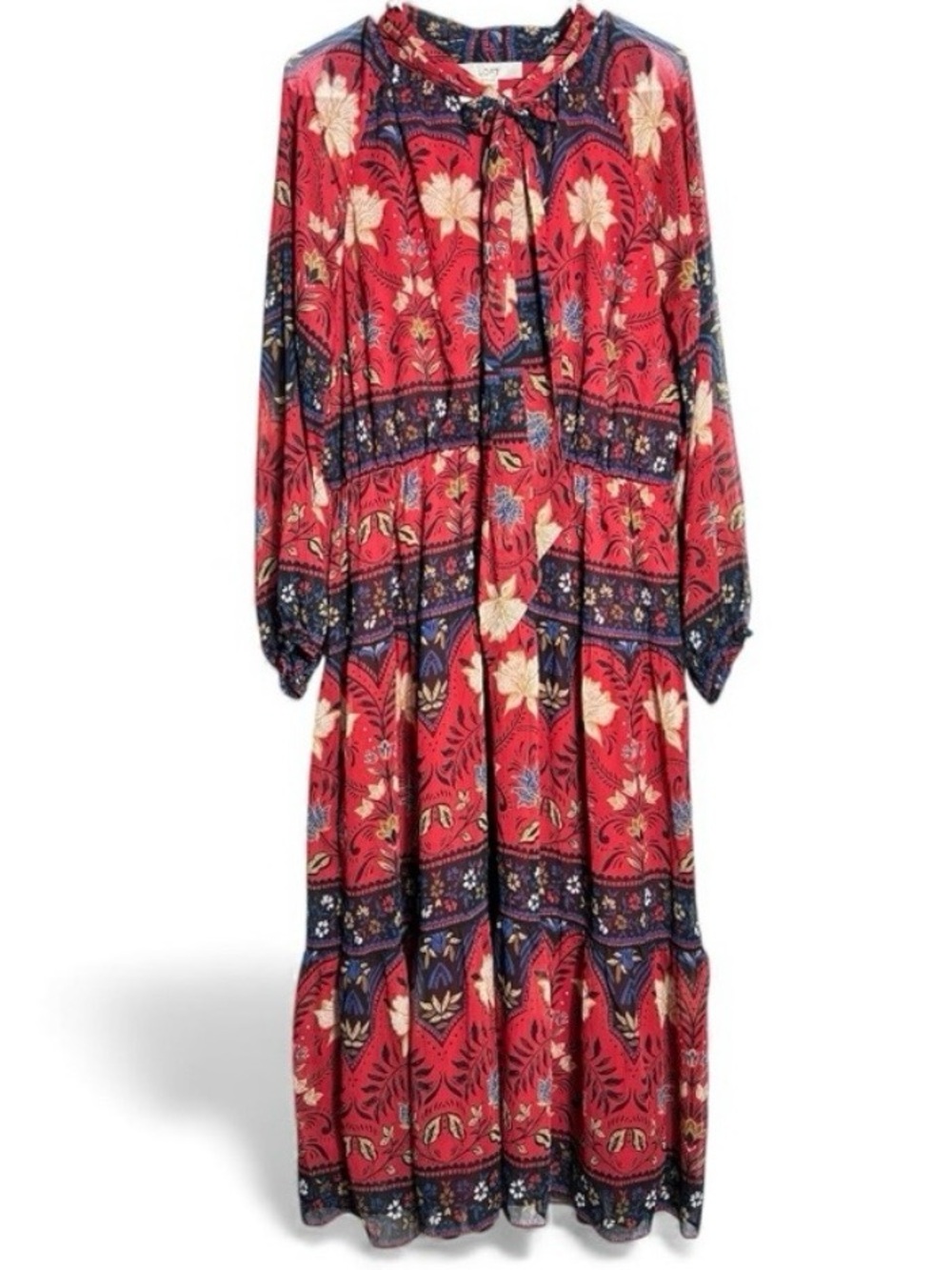 LOFT Elegant Red and Navy Floral Tiered Maxi Dress Fully Lined bow collar size L